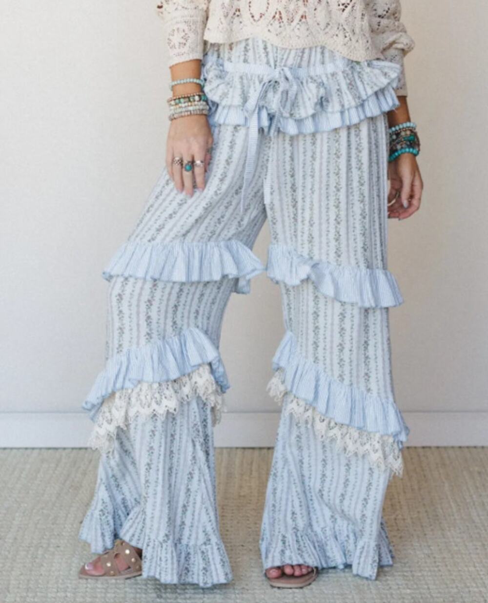 Boho Ruffle Wide Leg Pants - Light Blue